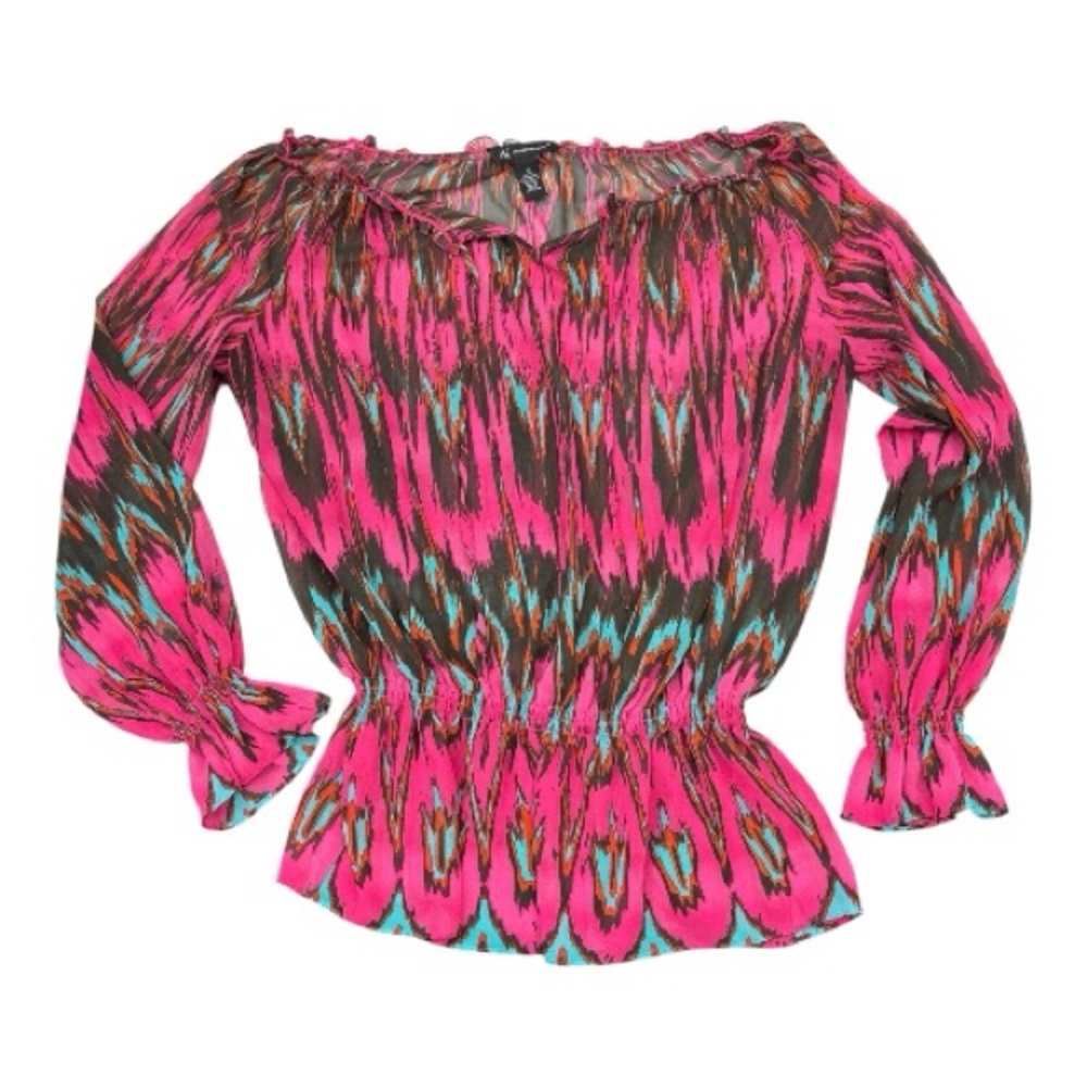 INC International Concepts Women’s Pink Boho Print Smocked Waist Blouse Size 12